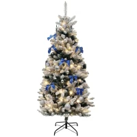 HOMCOM 6ft Prelit Artificial Christmas Tree with Blue Ornaments, Flocked Christmas Tree with LED Lights for Home Office(m-11)