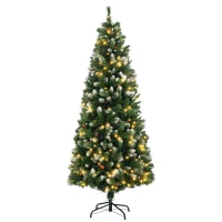 HOMCOM 6' Decorated Christmas Trees, Skinny Prelit Artificial Christmas Tree with Snow-dipped Branches, Auto Open, Pinecones(m-2)