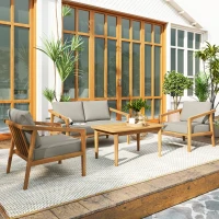 Outsunny 4 Pieces Acacia Wood Patio Furniture Set, Outdoor Sofa Conversation Set w/ Thickened Cushions for Backyard Garden, Teak(m-2)