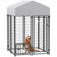 PawHut Welded Wire Outdoor Dog Kennel with 360° Rotating & 4 Levels Adjustable Bowls, Waterproof Cover, 3.9' x 3.9' x 6'(m-11)