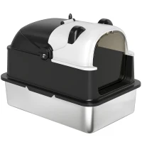 PawHut Panda Style XL Stainless Steel Cat Litter Box with Lid, Enclosed Kitty Litter Box with Scoop, 23.7" x 15.9" x 17.6"(m-2)