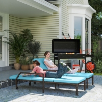 Outsunny 2 Piece Wicker Chaise Lounger PE Rattan Outdoor Lounge Chair Recliner with Adjustable Backrest and 2 Wheels, Sky Blue