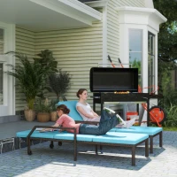 Outsunny 2 Piece Wicker Chaise Lounger PE Rattan Outdoor Lounge Chair Recliner with Adjustable Backrest and 2 Wheels, Sky Blue(m-1)