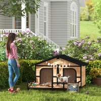 PawHut 59"x64"x39" Wood Dog House Outdoor Cabin-Style Elevated Pet Shelter with Porch Deck, Beige(m-8)