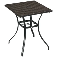 Outsunny Patio Wicker Dining Table with Umbrella Hole, 34 Inch Outdoor PE Rattan Coffee Table with Plastic Board Under the Woven Table Top for Patio, Garden, Balcony, Mixed Brown(m-11)