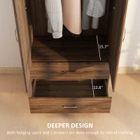 HOMCOM Wardrobe Closet Armoire with Hanging Rod and 2 Doors, Clothes Storage Organizer with 2 Drawers for Bedroom, Walnut(m-5)