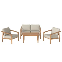 Outsunny 4 Pieces Acacia Wood Patio Furniture Set, Outdoor Sofa Conversation Set w/ Thickened Cushions for Backyard Garden, Teak(m-1)