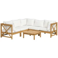 Outsunny 6 Piece Wood Patio Furniture Set, Outdoor Sectional Sofa with Cushions and Coffee Table, Acacia Wood Conversation Set Couch, Cream White(m-1)
