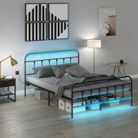 HOMCOM Queen Bed Frame with LED Lights and Charging Station, Metal Platform Bed Frame with Under Bed Storage, Black(m-1)