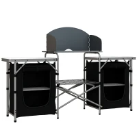 Outsunny Aluminum Camping Table, Folding Camping Kitchen with Windshield, Cupboards and Carrying Bag, for BBQ Camp Party Picnic(m-11)