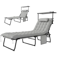 Outsunny Folding Lounge Chair with Adjustable Canopy, 4-Position Outdoor Tanning Chair with Headrest, Light Grey(m-11)