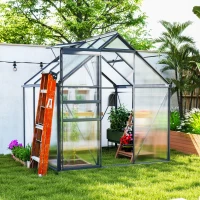 Outsunny 6' x 6' x 6.5' Polycarbonate Greenhouse, Walk-in Green House with Adjustable Roof Vent Galvanized Base Sliding Door Rain Gutter for Outdoor Garden Backyard, Grey(m-8)