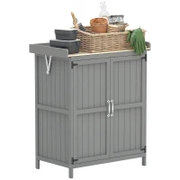 Outsunny Outdoor Storage Cabinet, Garden Tool Shed with Metal Tabletop and Shelf, Wooden Potting Bench with 2 Doors, Gray(m-11)