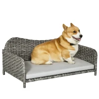 PawHut Rattan Pet Sofa for Large & Medium Dogs, Indoor & Outdoor Raised Wicker Dog Bed, Cat Couch, with Soft Washable Cushion, Light grey(m-2)