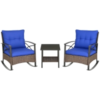 Outsunny 3 Piece Patio Rocking Chair Set, Outdoor Wicker Bistro Set with 2 Oversize Cushioned Porch Rockers and 2 Tier Coffee Table for Garden, Porch, Backyard, Blue