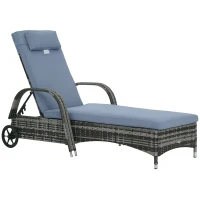 Outsunny Wicker Chaise Lounge, Outdoor Lounge Chair, PE Rattan Patio Sun lounger with Head-rest, 5-Level Height Adjust Backrest, Cushion, & Wheels, Mixed Grey and Grey(m-2)