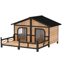 PawHut 59"x64"x39" Wood Dog House Outdoor Cabin-Style Elevated Pet Shelter with Porch Deck, Beige(m-11)