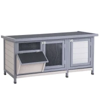 PawHut Wooden Rabbit Hutch Bunny Cage Guinea Pig House Outdoor with Sliding Out Tray, Openable Roof, Feeding Trough, Grey(m-2)