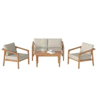 Outsunny 4 Pieces Acacia Wood Patio Furniture Set, Outdoor Sofa Conversation Set w/ Thickened Cushions for Backyard Garden, Teak(m-11)