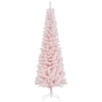HOMCOM 6ft Flocked Christmas Tree, Pencil Christmas Tree with Realistic Branch Tips, Folding Metal Stand, Pink(m-11)