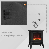 HOMCOM Electric Fireplace Heater, Freestanding Fireplace Stove with Realistic Flame Effect, Overheat Safety Protection, 750W/1500W, Black(m-5)