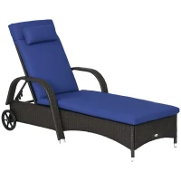 Outsunny Outdoor Lounger, Deck Lounge Chair with Headrest, 5-Level Adjustable, Backrest, Wheels, Deep Coffee and Navy Blue(m-11)