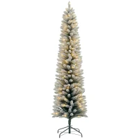 HOMCOM 7ft Artificial Prelit Christmas Tree with Warm White LED Light, Snow Flocked Branches, Metal Base, Pencil Xmas Tree(m-11)