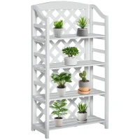 Outsunny Wooden Rustic 4-Tier Foldable Plant Stand with Adjustable Slatted Shelves Indoor & Outdoor Display Rack Plant Pot Organizer White 67 x 33 x 123 cm(m-2)