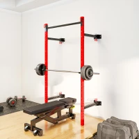 Soozier Folding Squat Rack with Pull Up Bar, Wall Mounted and Adjustable, 1000 Pounds Capacity Power Rack, Red(m-8)