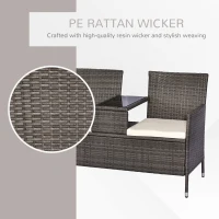 Outsunny 2 Seat Rattan Wicker Chair with Cushion Garden Bench with Tea Table Backyard All Weather Padded Seat Grey(m-5)
