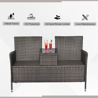 Outsunny 2 Seat Rattan Wicker Chair with Cushion Garden Bench with Tea Table Backyard All Weather Padded Seat Grey(m-4)
