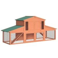 PawHut 89"L Outdoor Rabbit Hutch, Guinea Pig Cage Indoor Outdoor Wooden Bunny Hutch with Double Runs, Weatherproof Roof, Removable Tray, Ramps, Orange(m-1)