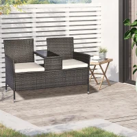 Outsunny 2 Seat Rattan Wicker Chair with Cushion Garden Bench with Tea Table Backyard All Weather Padded Seat Grey(m-1)
