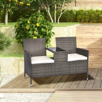 Outsunny 2 Seat Rattan Wicker Chair with Cushion Garden Bench with Tea Table Backyard All Weather Padded Seat Grey(m-8)