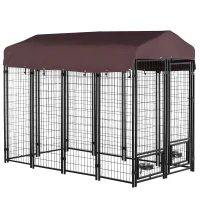 PawHut Outdoor Dog Kennel with Rotating Bowl Holders, Pet Playpen with Waterproof Cover, 8' x 4' x 6', Red(m-11)