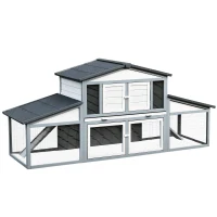 PawHut 89"L Outdoor Rabbit Hutch, Guinea Pig Cage Indoor Outdoor Wooden Bunny Hutch with Double Runs, Weatherproof Roof, Removable Tray, Ramps, Gray(m-1)