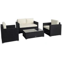 Outsunny 4-Piece Rattan Wicker Furniture Set, Outdoor Cushioned Conversation Furniture with 2 Chairs, Loveseat, and Glass Coffee Table, White(m-1)