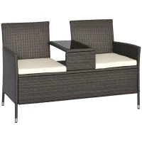 Outsunny 2 Seat Rattan Wicker Chair with Cushion Garden Bench with Tea Table Backyard All Weather Padded Seat Grey(m-2)
