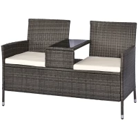Outsunny 2 Seat Rattan Wicker Chair with Cushion Garden Bench with Tea Table Backyard All Weather Padded Seat Grey(m-11)