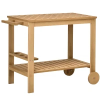 Outsunny Outdoor Bar Cart, Wood Rolling Home Bar & Serving Cart with 2 Shelves, Wine Bottle Holders for Garden, Dining Room, Natural(m-1)