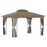 Outsunny 12' x 10' Soft-top Patio Gazebo Covered Gazebo Backyard Tent with Double Tier Roof and Netting Sidewalls, Brown(m-2)