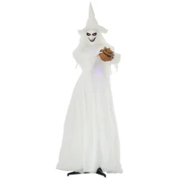 Outsunny 74" Life Size Outdoor Halloween Decorations White Witch Holding Pumpkin Head, Standing Skeleton Ghost Animated Prop Décor with Light Up Eyes and Body(m-1)