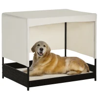 PawHut Wicker Dog House Elevated Pet Bed with Shade Canopy for Medium Large Dogs Indoor Outdoor with Cushion, 36" x 28" x 32"(m-1)