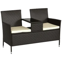Outsunny 2 Seat Rattan Wicker Chair Garden Bench with Tea Table Backyard All Weather Padded Seat, Brown(m-2)