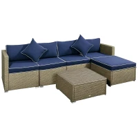 Outsunny 6 Pieces Outdoor PE Rattan Wicker Patio Furniture Sofa Set with Thick Cushions, Deluxe Garden Sectional Couch with Glass Top Table, Yellow and Navy Blue(m-2)