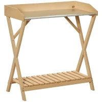 Outsunny Garden Potting Bench Table, Wooden Work Station, Outdoor Planting Workbench w/ Galvanized Metal Tabletop and Storage Shelf(m-2)