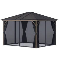 Outsunny 10' x 12' Deluxe Hardtop Gazebo with Metal Roof, Aluminum Frame Patio Gazebo Garden Sun Shelter Outdoor Pavilion with Curtains and Netting, Grey(m-2)