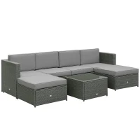Outsunny 7pcs Wicker Rattan Sectional Set Outdoor Patio Sofa Table Footstools Set Garden Furniture with Cushions, Grey(m-2)