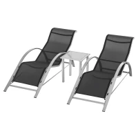 Outsunny 3 Pieces Patio Pool Lounge Chairs Set, Outdoor Chaise lounge with 2 S-Shaped Sunbathing Chairs and a Glass Top Table, for Yard Garden, Black(m-2)