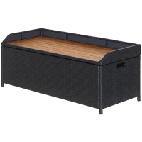 Outsunny Patio Wicker Storage Bench Box, Outdoor Garden PE Rattan Pool Storage Deck Bin Box w/ Natural Wood Top, Lid, Ideal for Storing Tools, Accessories and Toys, Coffee(m-2)